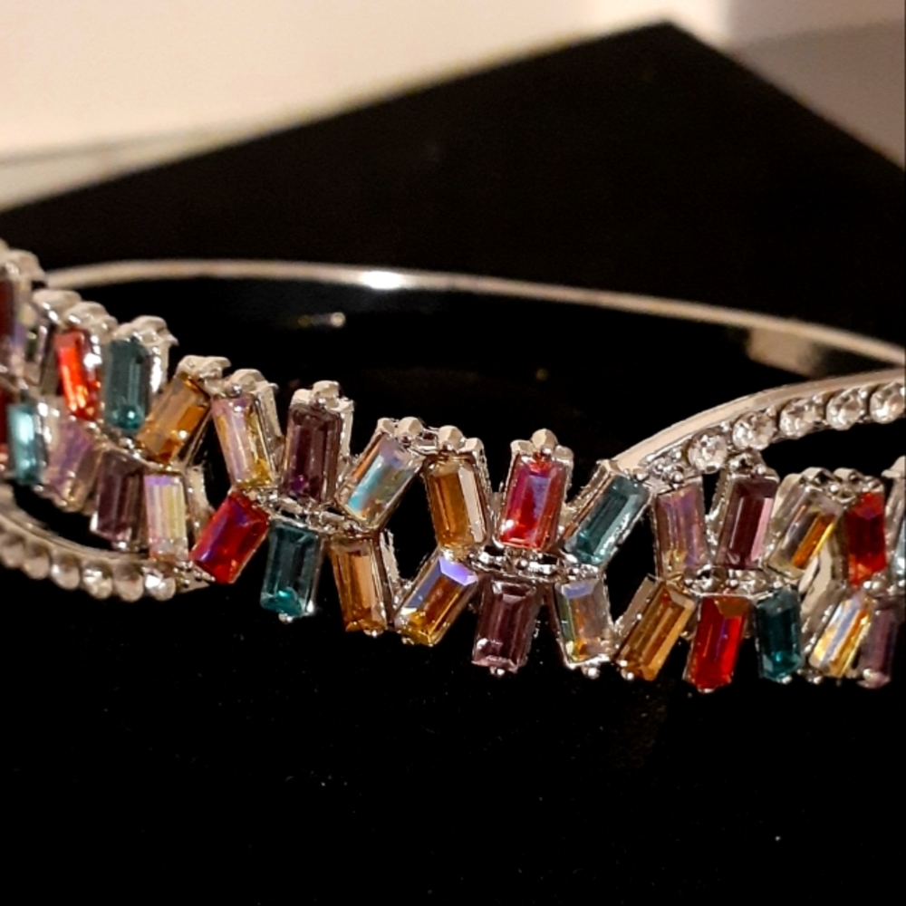 Silvertone bracelet with multi colored rhinestones